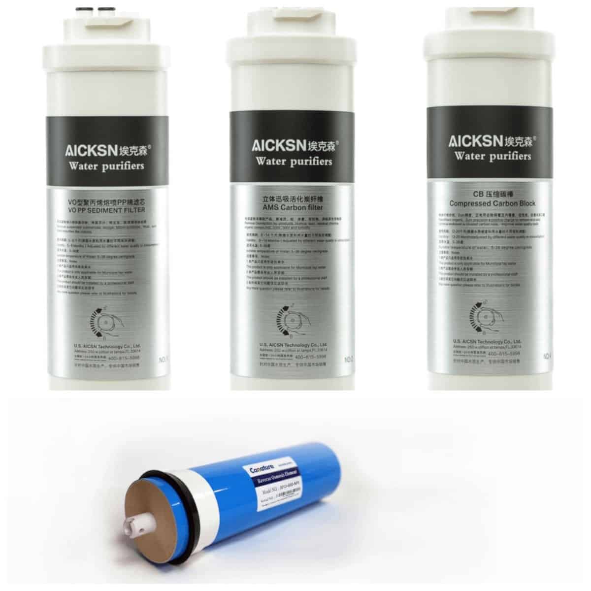 AICKSN water purifiers and a blue reverse osmosis filter cartridge for water filtration systems.