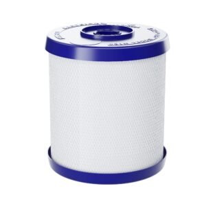 High-efficiency water filter cartridge with blue plastic caps, designed for clean water purification systems.