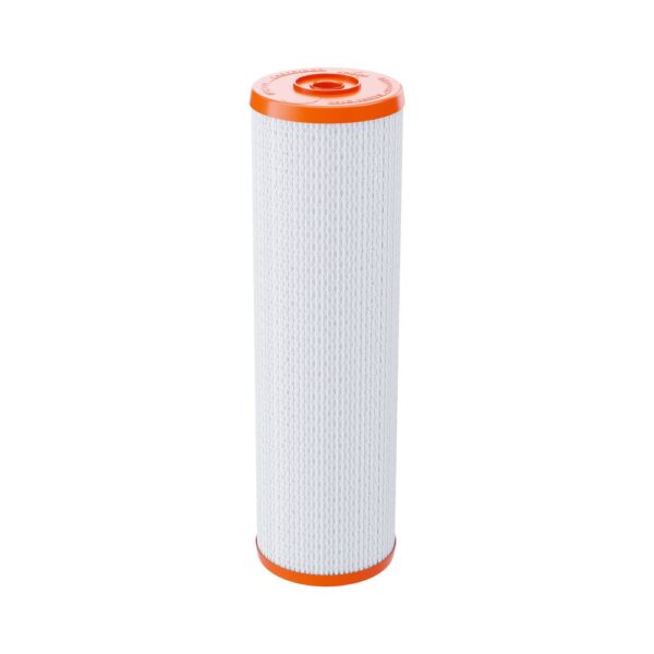 High-efficiency air purifier filter with orange top and bottom, designed for indoor air quality improvement and HEPA filtration.
