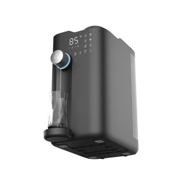 Filtered water dispenser machine with touchscreen display for home and office use, providing hot and cold drinking water, modern design, and easy operation.