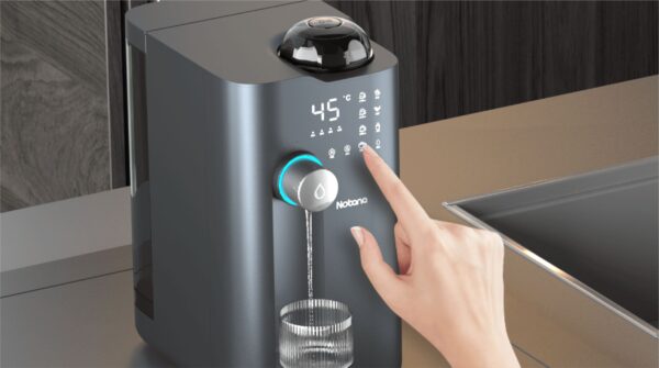 Clear water dispenser with adjustable temperature control, digital display, and touch panel, ideal for home or office, featuring modern design and user-friendly interface.