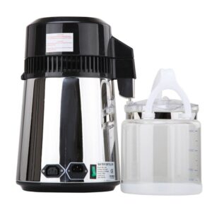 Water distiller machine for pure drinking water, stainless steel design, with detachable collection container for home or commercial use.