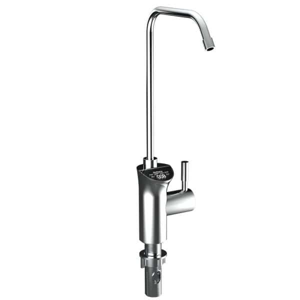 High-tech kitchen tap with digital temperature control and filtration system for clean, safe drinking water.