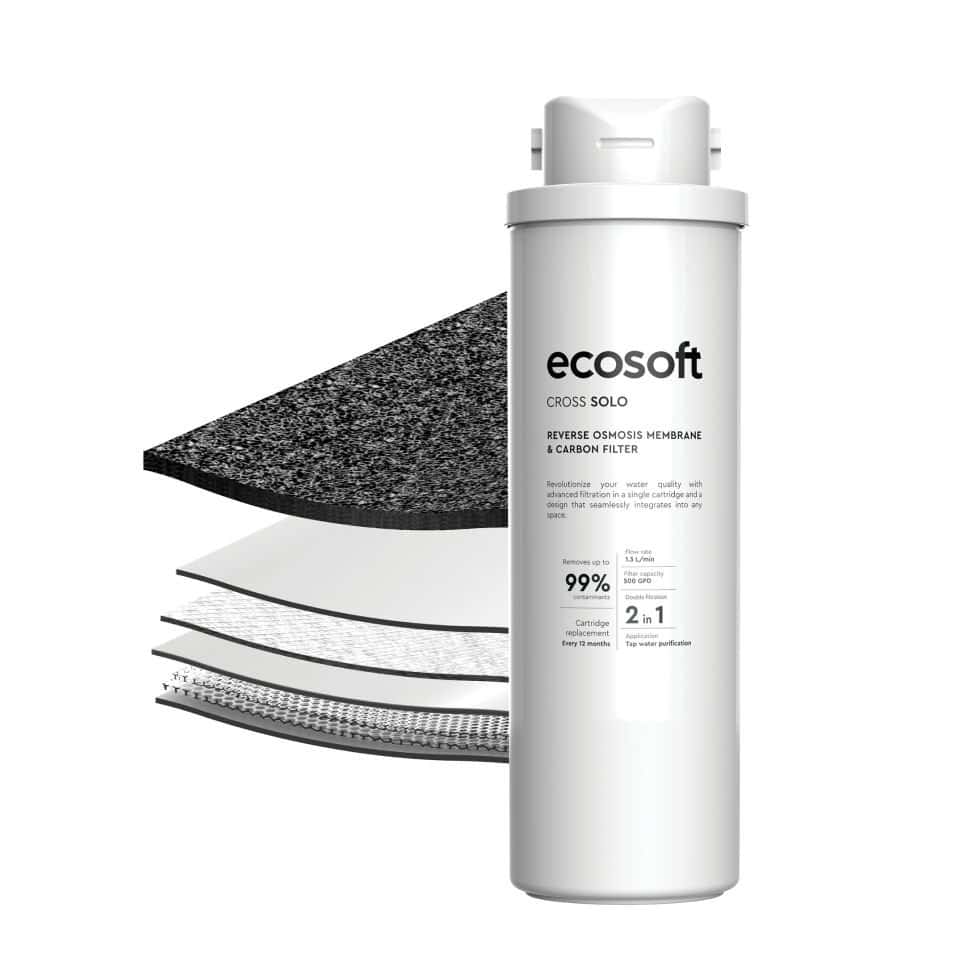 Reverse osmosis water filter cartridge with carbon filtration, EcoSoft Cross Solo for clean drinking water.