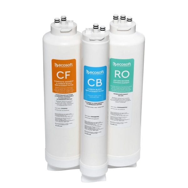 Replaceable water filter cartridges for water purification systems by EcoSoft, including carbon, sediment, and reverse osmosis filters. Perfect for maintaining clean, safe drinking water.