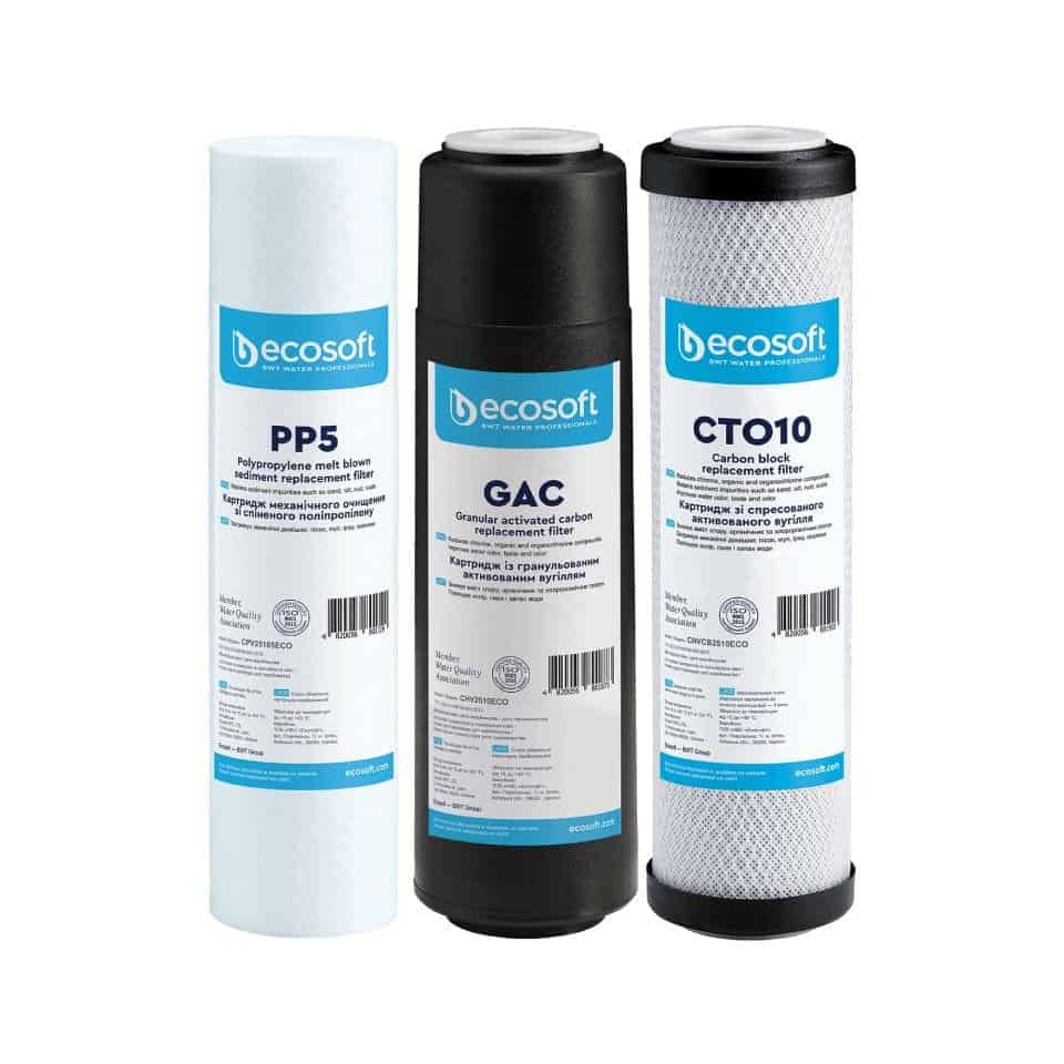 Replacement water filter cartridges set for water purifiers, including PP5, GAC, and CTO10 filters, suitable for residential and commercial water filtration systems.