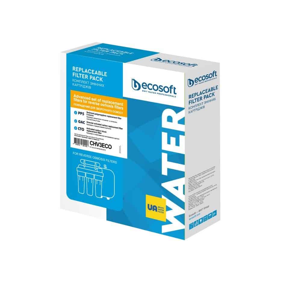 Replaceable filter pack for reverse osmosis water filters, EcoSoft brand, with advanced filtration technology, includes PP5, GAC, and CTO filters for clean, purified drinking water.