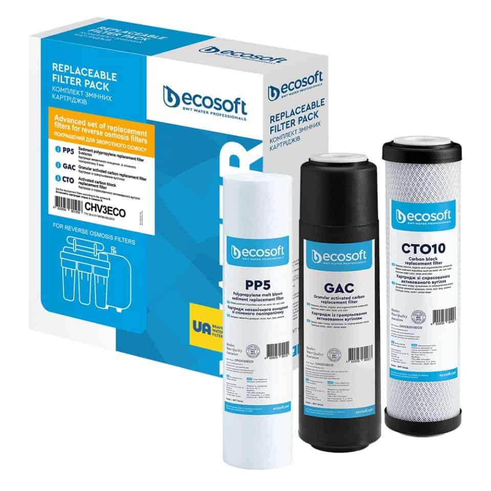 Replaceable reverse osmosis water filter pack for home and industrial use, including carbon block, activated carbon, and sediment filters, ensuring pure drinking water.