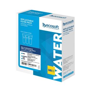 Replaceable water filter pack for 3-stage filtration system, EcoSoft brand, with carbon block and polypropylene filters, compatible with filterplace.eu water purifiers.