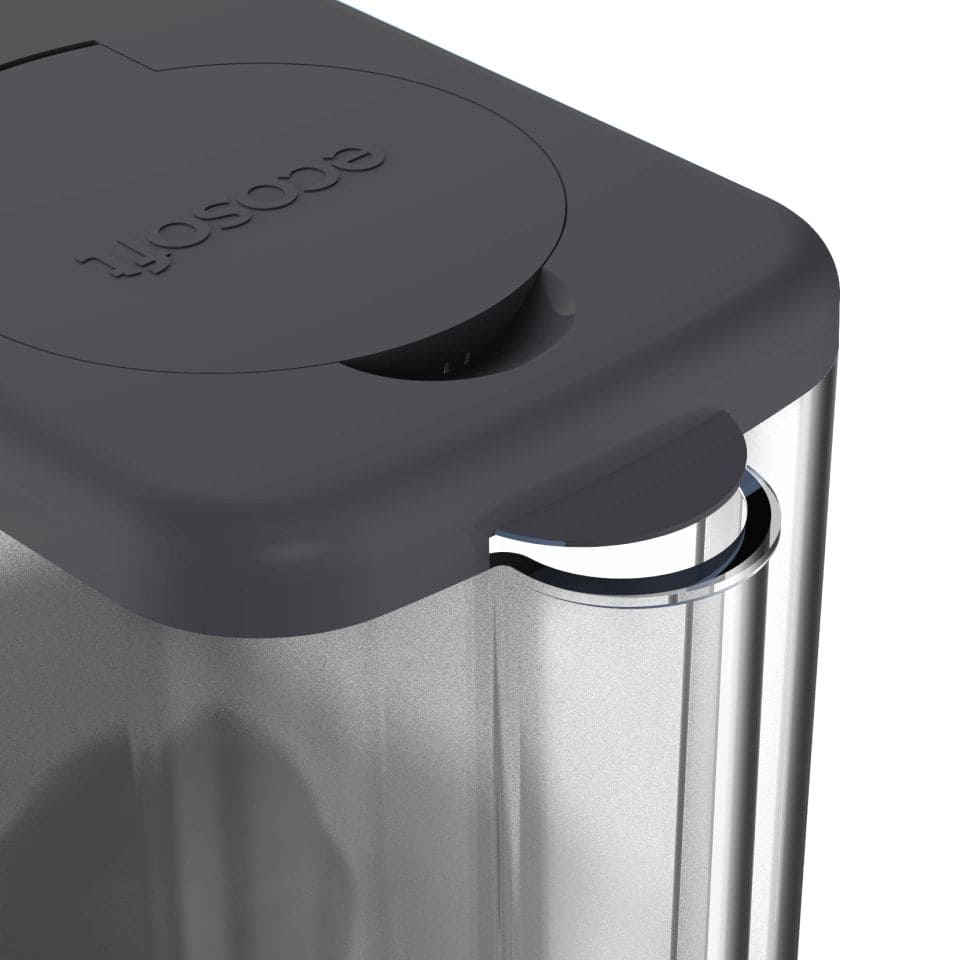 Filterplace.eu - modern water filter system with sleek black lid and stainless steel body, designed for efficient water purification.