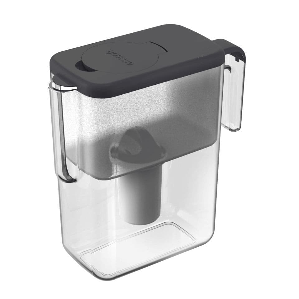 Removable water filter pitcher with a black lid and transparent body for clean drinking water.