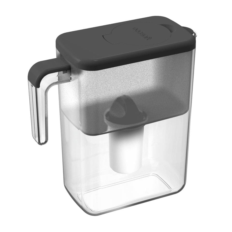 Transparent water filter container with black lid and handle, suitable for household water purification systems.