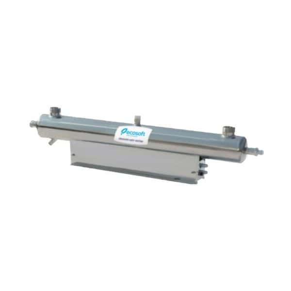 High-efficiency water filter system by Ecosoft for clean, safe drinking water. Durable stainless steel design with multiple inlet/outlet connections. Ideal for residential or commercial use.