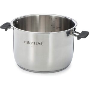 Stainless steel instant pot with measurement markings, black handles, and a sleek design, ideal for efficient cooking and food preparation.