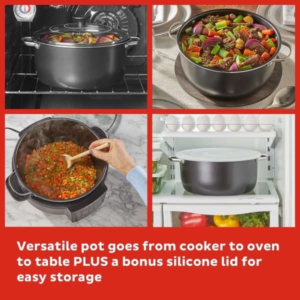 Pot goes from cooker to oven to table with versatile design, includes bonus silicone lid for easy storage, perfect for meal preparation and serving in modern kitchens.