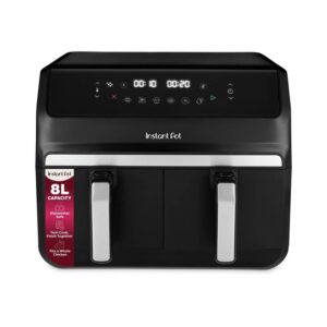 High-capacity black and silver Instant Pot air fryer with digital controls, multiple cooking functions, and a sleek modern design for efficient kitchen use.