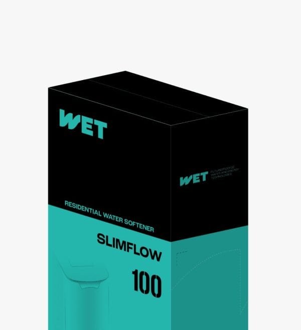 Wide black and turquoise water softener box labeled WET SlimFlow 100, residential water treatment equipment, innovative water softening technology, modern home water system.
