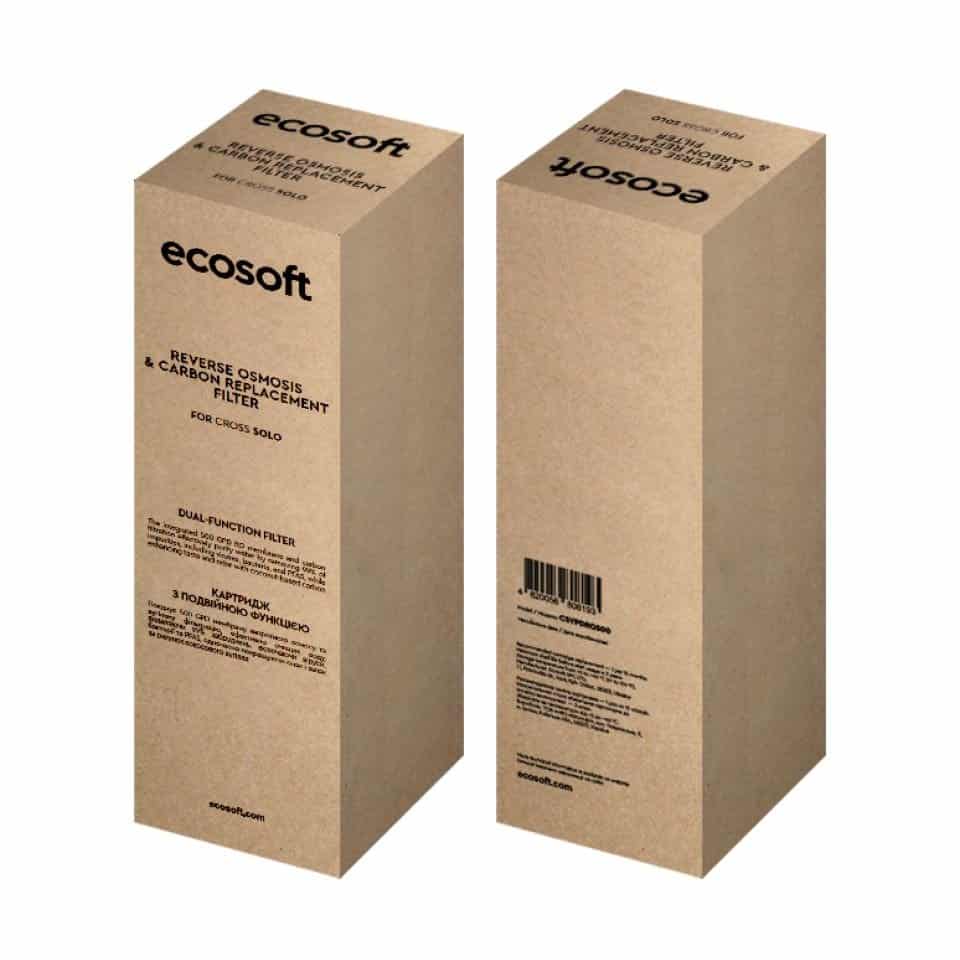Reverse osmosis carbon replacement filter box for EcoSoft Cross Solo water purification system.