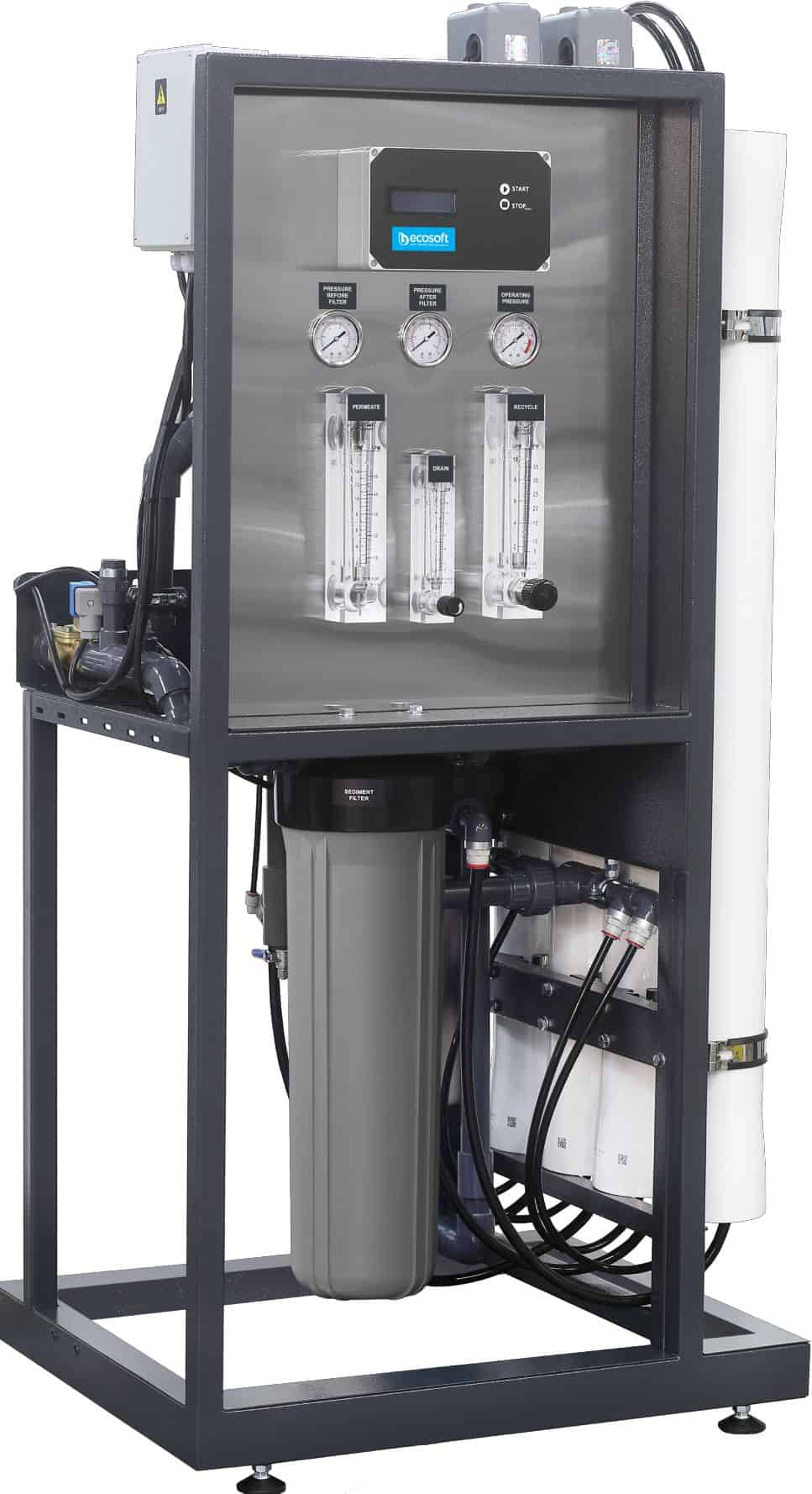 High-capacity industrial water filtration system with pressure gauges, flow meters, and replaceable filters for efficient water purification.