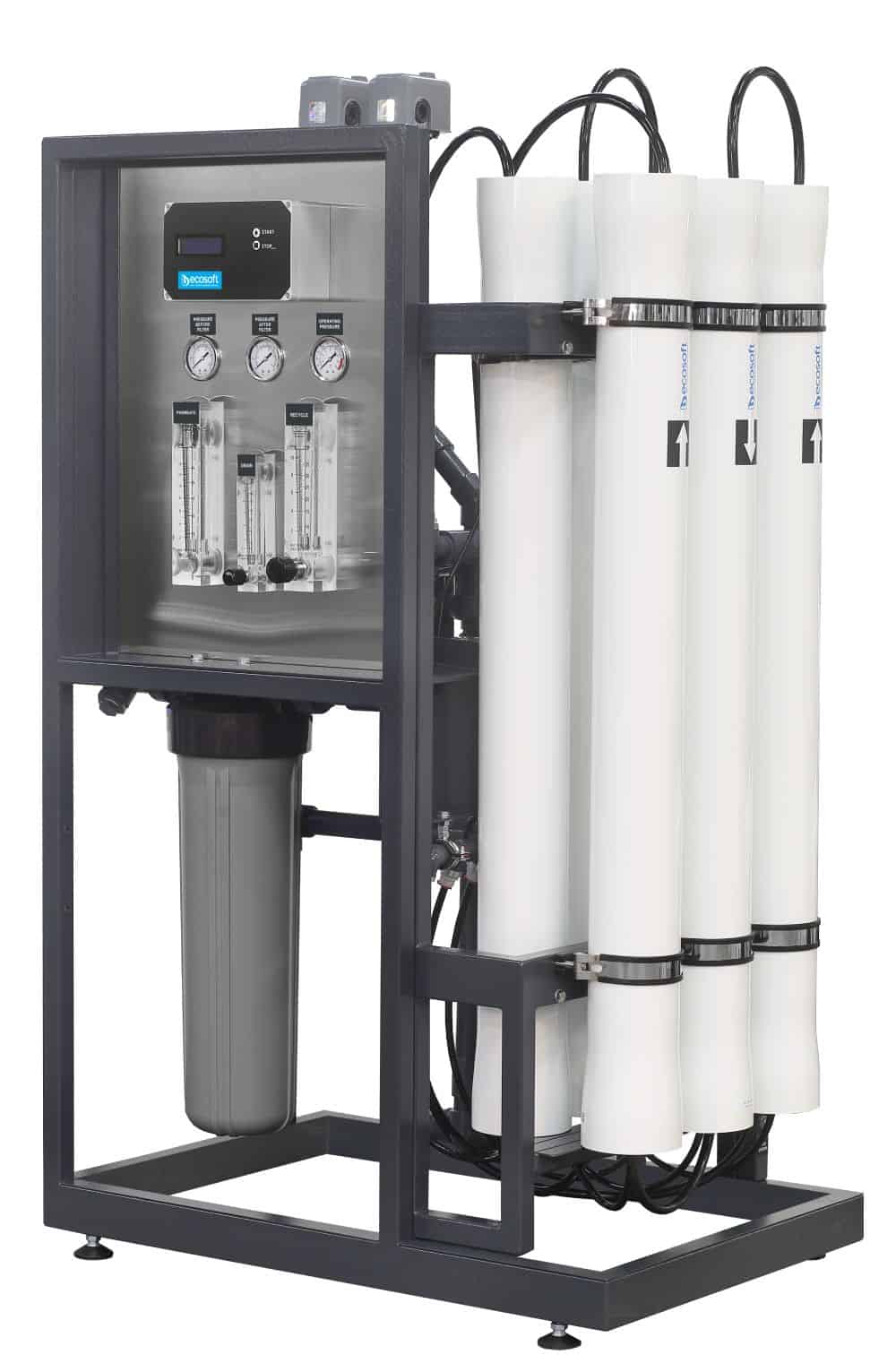 Filtration system with three vertical filters and control gauges, used for water purification and filtration purposes.