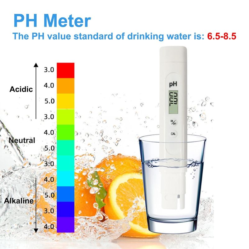 PH meter for drinking water testing with citrus fruits and water splash, digital pH measuring device, accurate pH value reading, water quality testing, hydration and health monitoring.
