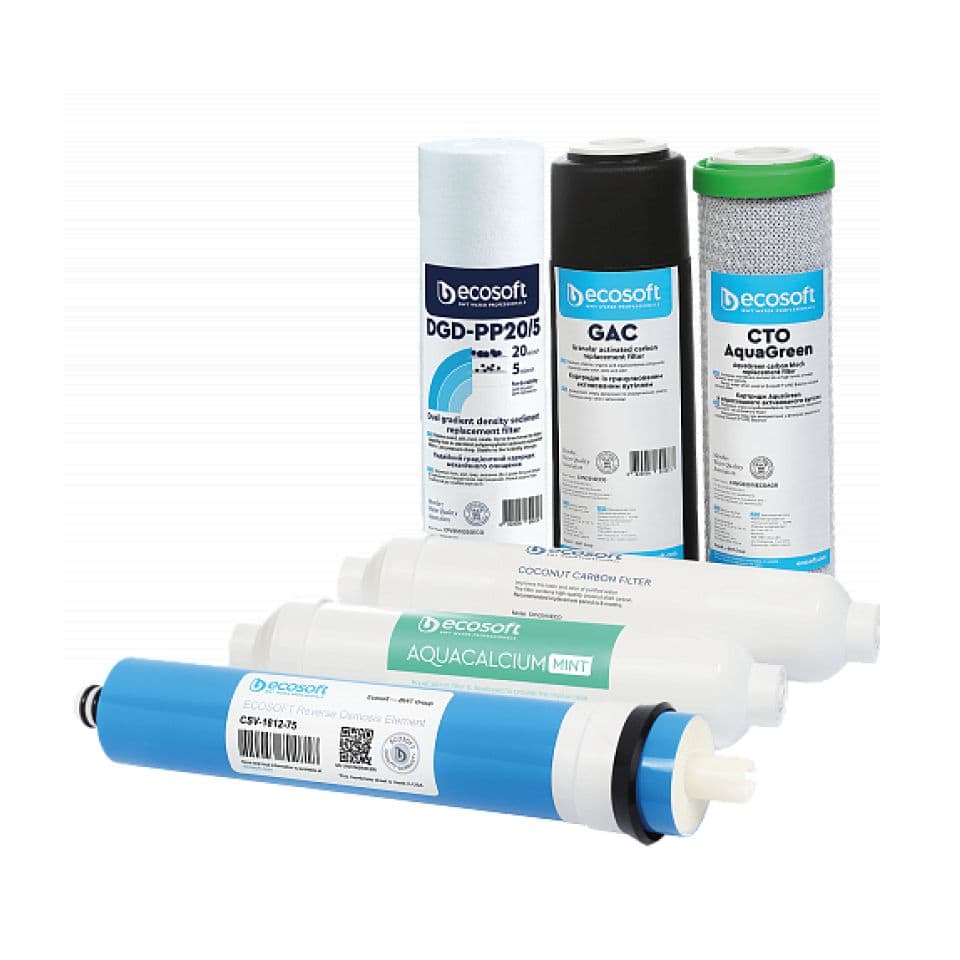 High-quality water filter cartridges from EcoSoft for clean drinking water, including GAC, CTO, DGD-PP, and coconut carbon filters for residential and commercial use.