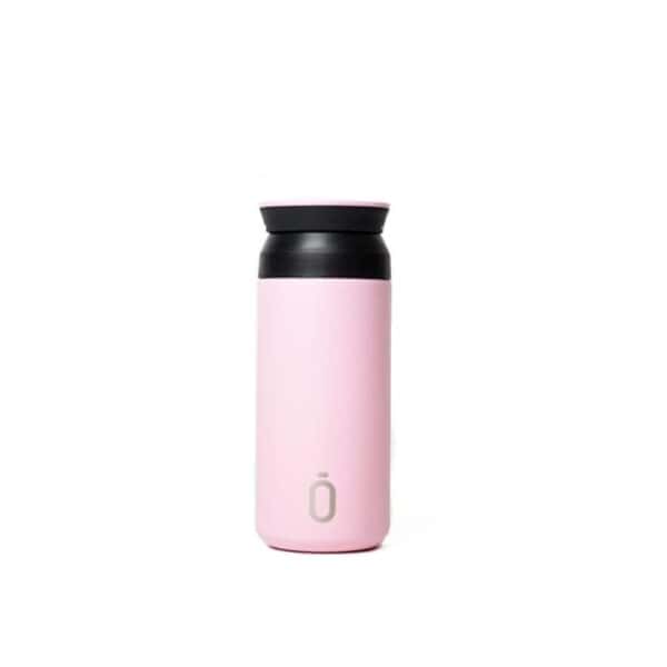 Stainless steel insulated travel mug with a sleek pink design, perfect for keeping beverages hot or cold on the go.