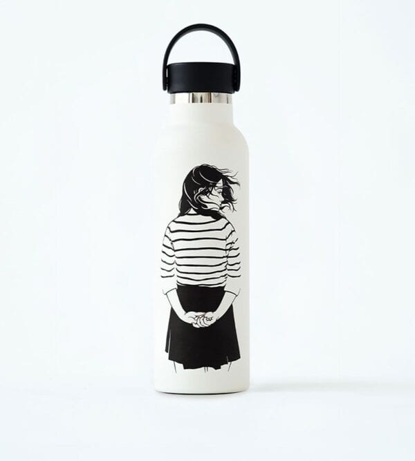 Love Water Bottle with Artistic Illustration of a Woman in Striped Shirt Drinking, Reusable and Eco-Friendly Hydration Accessory.