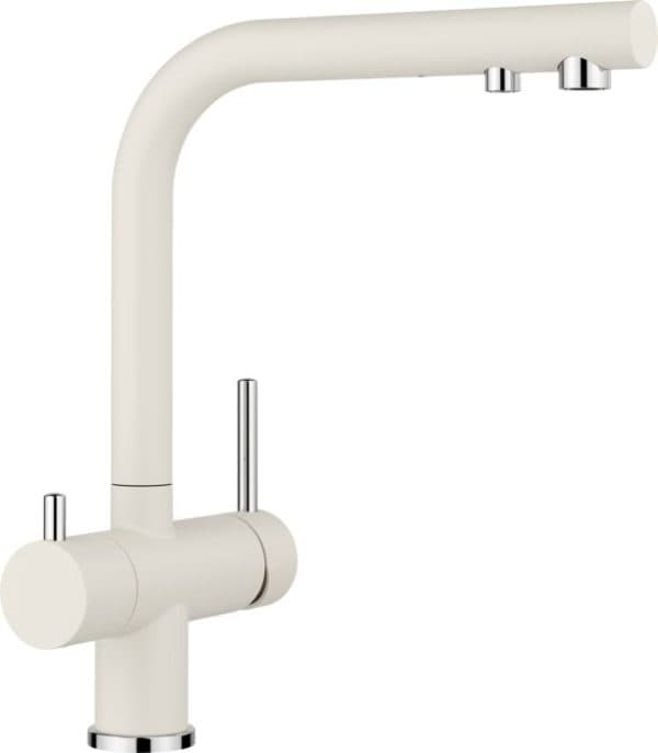 Sleek white modern kitchen faucet with pull-down spray head and ergonomic handles for precise water control.