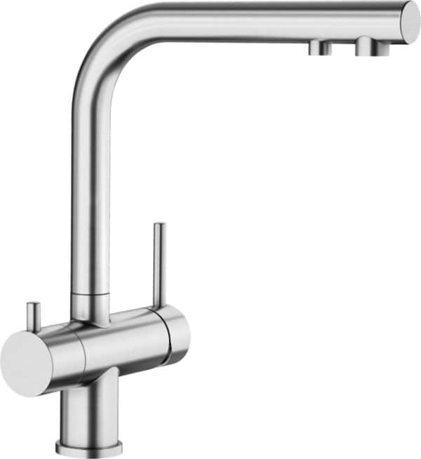 Sleek modern stainless steel kitchen faucet with a minimalist design and high-arc spout for easy use and cleaning.