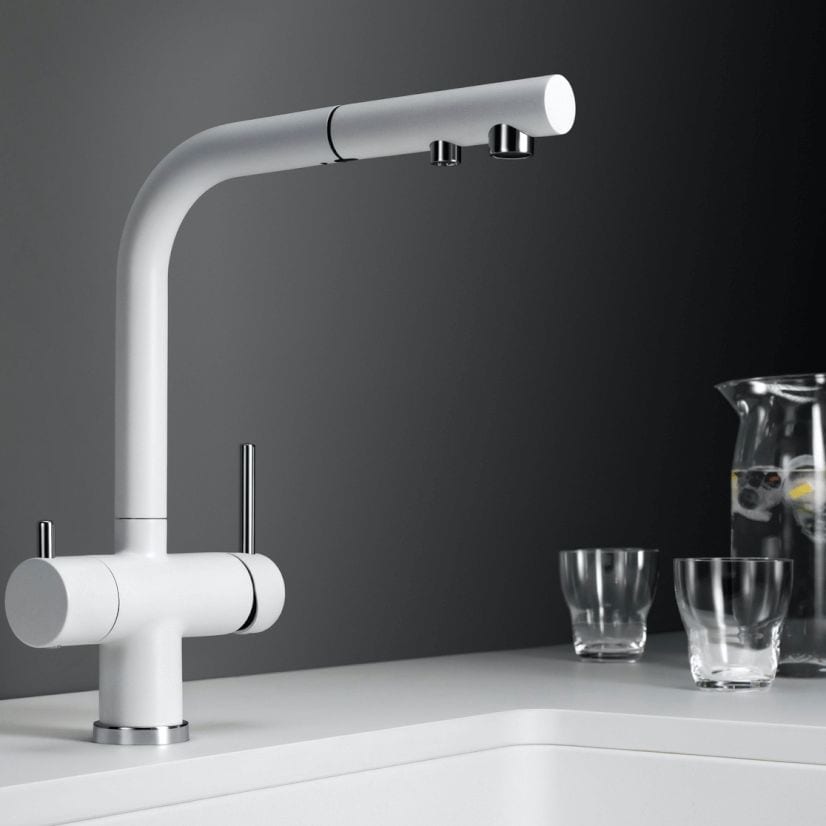 White modern kitchen tap with dual control levers and sleek design.