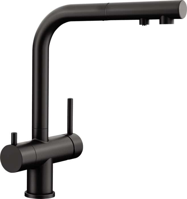 Modern black kitchen faucet with sleek design and single-handle operation, ideal for contemporary kitchens and high-quality water filtration systems.