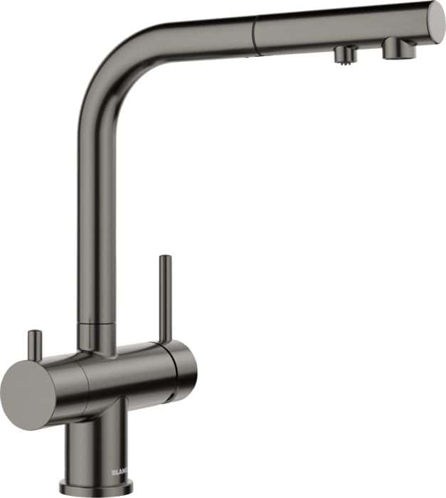 Brushed stainless steel kitchen faucet with pull-down spray, modern sink tap, high arc design for culinary and beverage use.