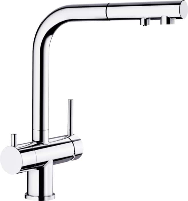 Sleek modern chrome kitchen faucet with pull-down spray feature for effortless kitchen task handling.
