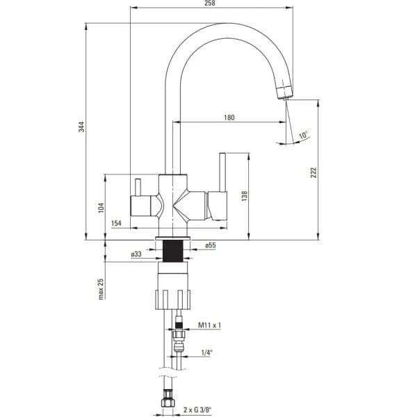 High-quality kitchen faucet technical drawing with detailed measurements for installation. Perfect reference for plumbing professionals and DIY enthusiasts.