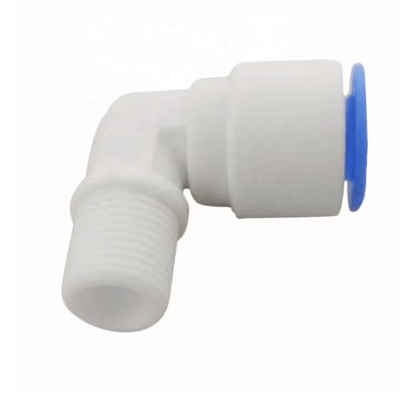 Compact plastic water filter fitting with a blue sealing gasket for efficient filtration systems.